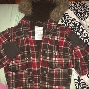 Aeropostale Plaid Toggle Coat - Red and Brown